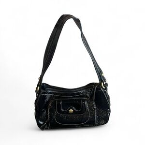 Perlina Black Patent Leather Shoulder Bag Purse White Stitching Gold Hardware